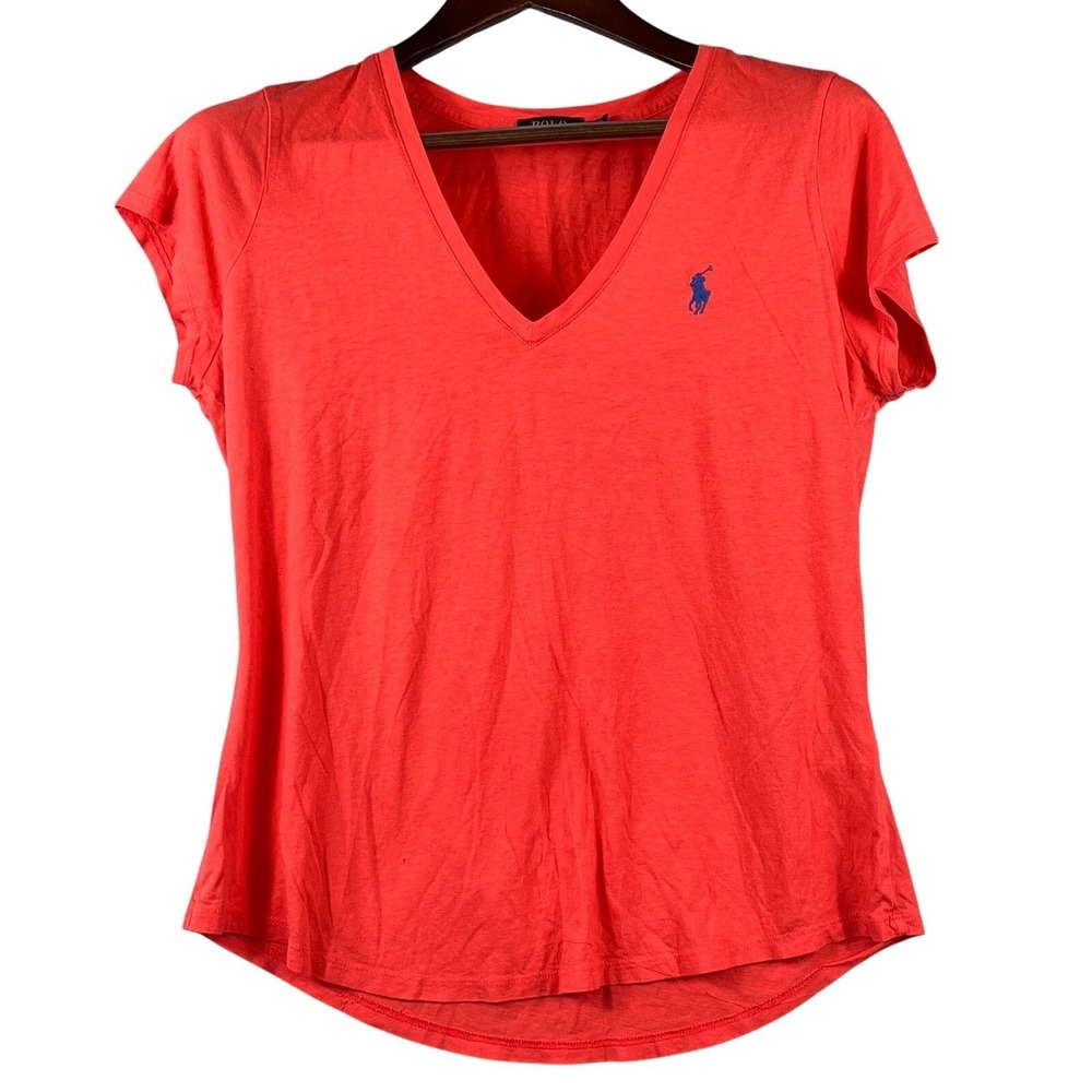 Polo Ralph Lauren Womens Large Coral V Neck Short Sleeve Tee Blue Pony Logo